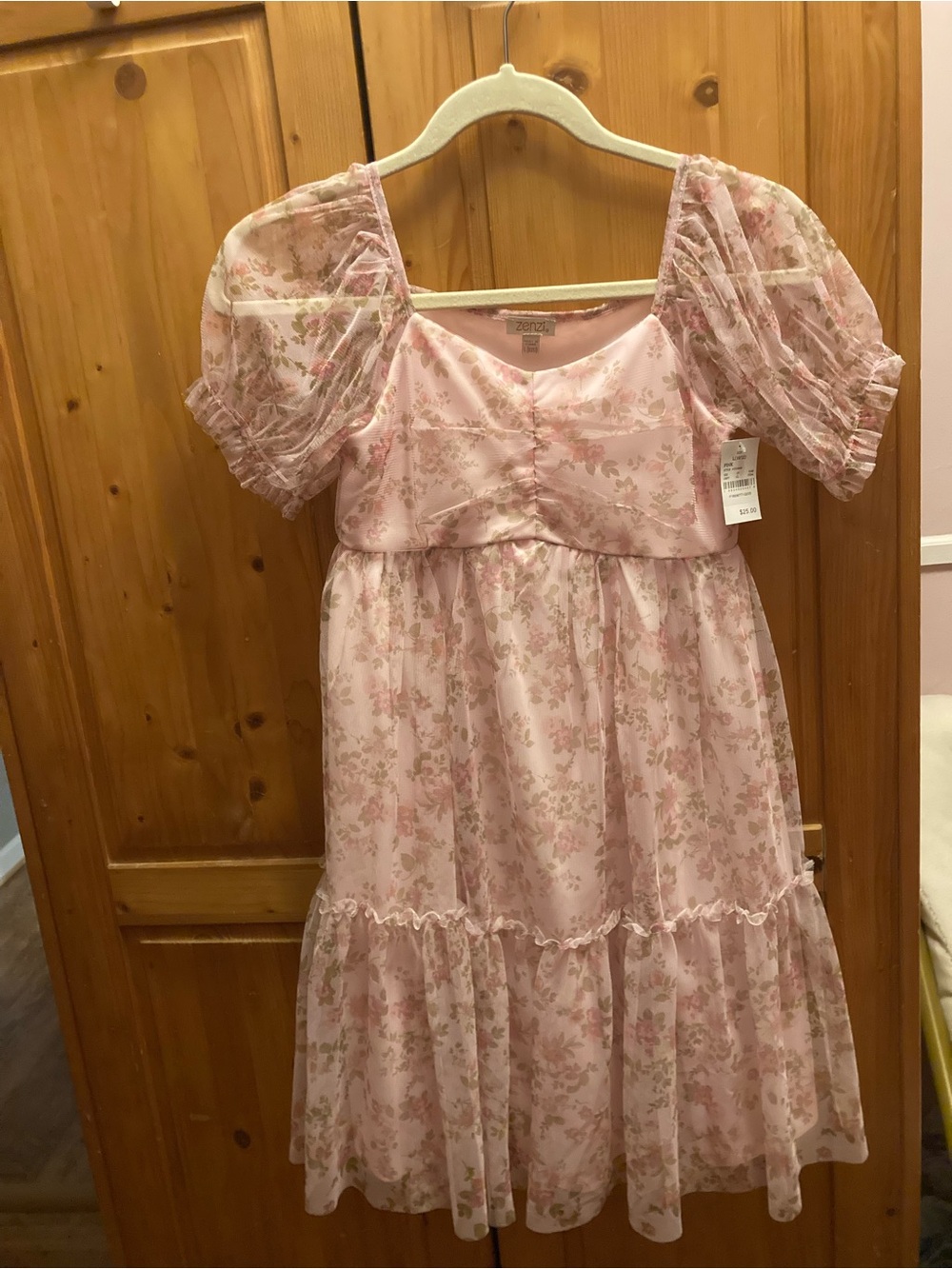 Girls' Pink Floral Layered Tulle Dress with Puff Sleeves